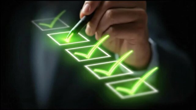 Checklist Success: A hand meticulously marks off each item on a digital checklist, the luminous green checkmarks a symbol of completion and progress.