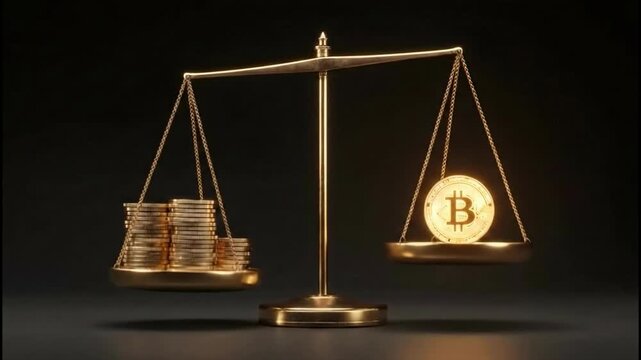 Bitcoin and Monetary Equilibrium: A conceptual composition contrasting the value of cryptocurrency against fiat currency, visualized through the symbol of scales. 