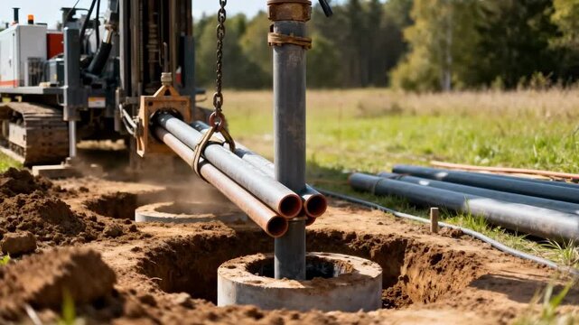 Medium shot capturing geothermal HVAC drilling process highlighting vertical loop installation with geothermal pipes being lowered into drilled shafts amid natural landscape.