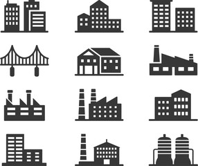 City and industrial building icons set, factory, apartment, bridge, and infrastructure silhouettes for urban development, real estate, planning design