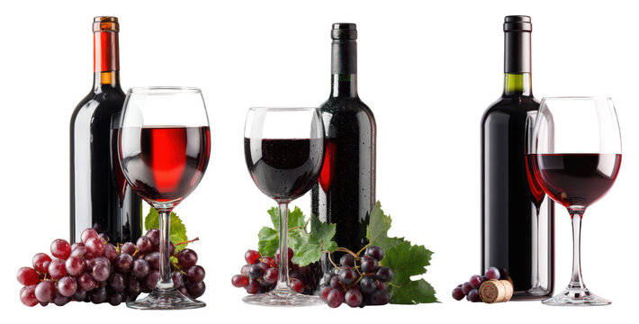set of red wine in glass with bottle and grapes isolated on transparent background