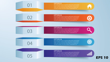 5-Step Business Infographic Template. Professional 3D Hexagonal Banners with Long Rounded Ribbon Tails, Numbered Steps, and Strategic Icons. Vector Illustration for Sequential Process Flows