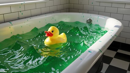 Yellow rubber duck floating in a bathtub filled with turbulent green toxic slime