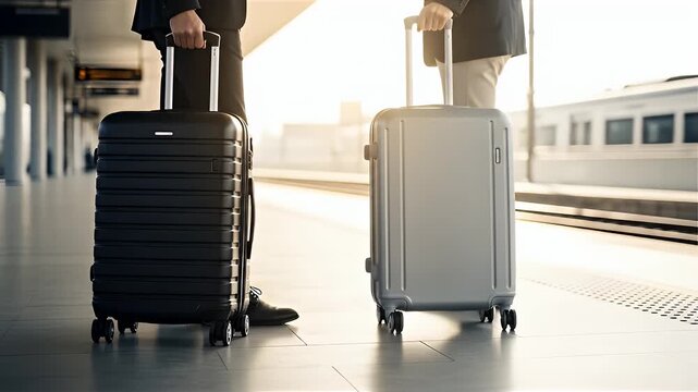 Two travelers with suitcases waiting on a sunny train platform as a train approaches in the background.