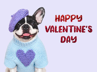 Happy Valentine's Day. Cute puppy and congratulatory inscription