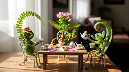 Whimsical miniature plant characters enjoying a tea party with tiny cakes and porcelain tea set in sunlight