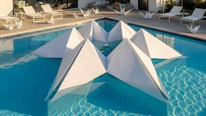 Surreal giant white origami fortune teller sculpture floating in a blue swimming pool at a luxury resort