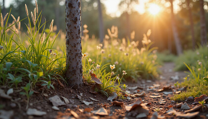 Obraz premium Sunlight shining through trees on a grassy forest pathway 