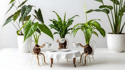 Whimsical Anthropomorphic Houseplants Having a Tea Party on Miniature Furniture