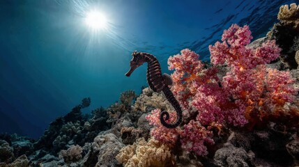 Marine seahorse clings near vibrant soft coral growth on a sunlit underwater reef slope