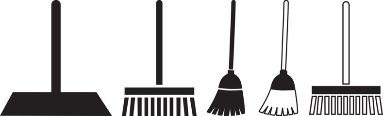 Cleaning Tools Silhouette Set. Broom Mop Brush Rake Icons Vector.