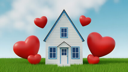A white house with blue trim and red hearts floating around it on a green lawn