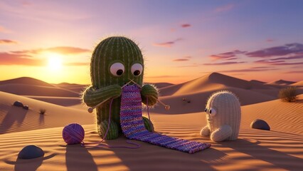 Cute animated cactus knitting a long colorful scarf in a warm desert sunset with a smaller cactus watching, a whimsical scene of creativity and friendship