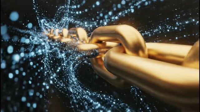 Digital Chain: A close-up view of a shimmering digital chain, the gold links intertwined with ethereal blue particles, representing a new technology.