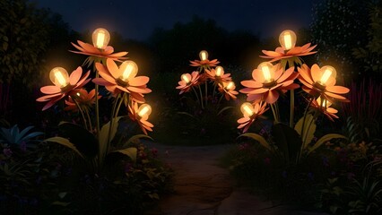 Enchanting night garden path with whimsical flower-shaped light installations, featuring glowing light bulbs amidst lush foliage under a serene dark sky