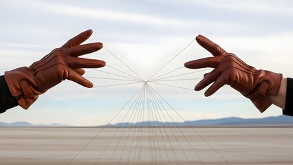 Human hands in stylish brown leather gloves manipulate an intricate string network, symbolizing connection and control against a vast, desolate desert landscape
