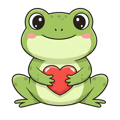 Obraz premium Adorable green cartoon frog sitting and holding a red heart isolated on transparent background