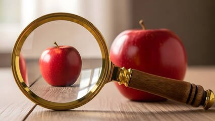 Red apple viewed through a magnifying glass on a wooden table concept of food inspection and quality control