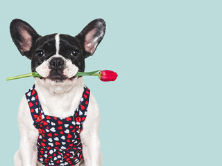Cute puppy and red tulip. Studio shot