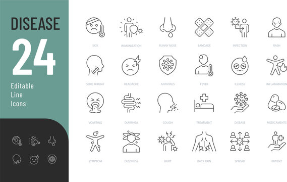 Disease Line Editable Icons set. Vector illustration in modern thin style of health related icons: infection, disease, inflammation, and more. Isolated on transparent background.