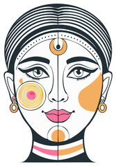 Obraz premium Artistic female face illustration featuring abstract patterns and cultural elements
