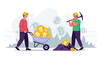Bitcoin Mining Scene With Workers, Wheelbarrow Of Coins, And Mountain Backdrop In Harsh Terrain