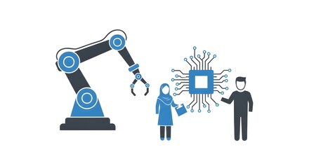 Robotic Arm and Microchip Symbolizing Technological Advancement and Human Interaction