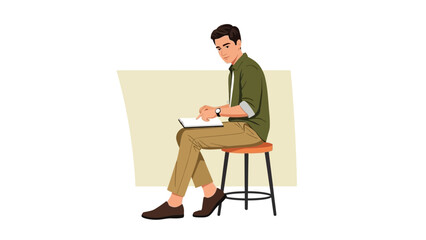 Young man sitting on a wooden stool, engaged in reading or writing with a notebook in hand, casual