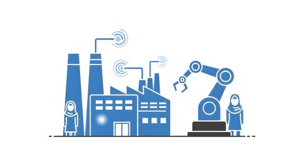 Naklejka premium Modern automated factory with robotic arm and employees, illustrating industrial progress and innovation