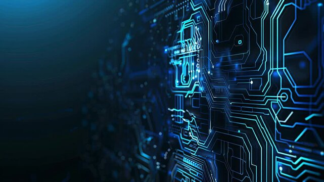 Abstract digital circuit board design on blue tech background with connected lines for ai innovation