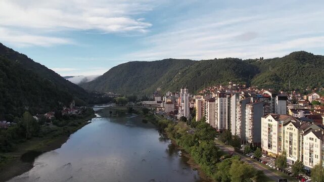 Aerial view of Drina River and Zvornik town with church, Bosnia and Herzegovina