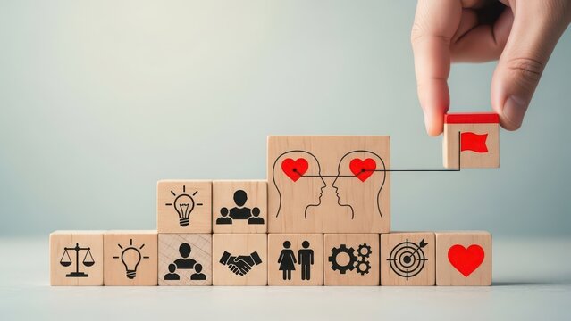 Hand placing flag on top of a wooden block stack, symbolizing reaching business goals - Powered by Adobe