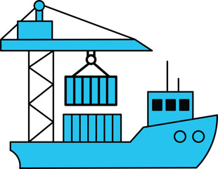 Blue crane lifting shipping containers onto a blue cargo ship