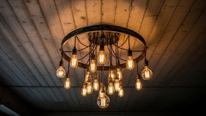Vintage industrial chandelier with exposed edison bulbs on wooden ceiling