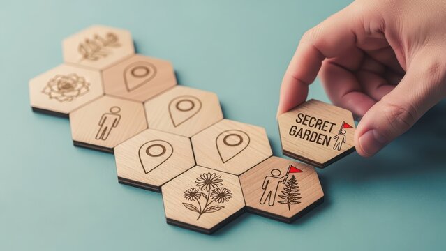 A hand places the last piece labeled "secret garden" into a hexagonal wooden map representing nature and location