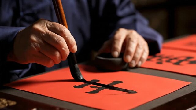 Artist's hands writing traditional call Page with a brush on red paper