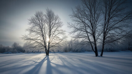 Fototapeta premium Winter trees in serene mood with soft blue and white lighting on a snowy field for nature photography.