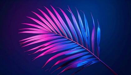 Neon-lit palm leaf against dark blue backdrop, blending pink, purple, and blue hues