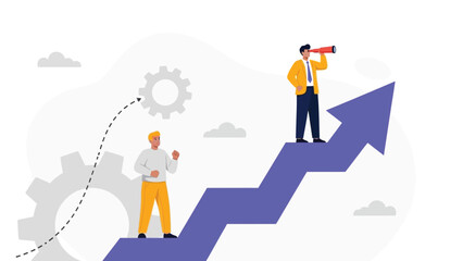 Fototapeta premium Vibrant illustration showing two professionals on a purple staircase arrow, symbolizing growth, leadership, and progress in business. The rising path suggests strategic planning