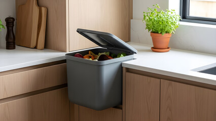 Modern kitchen with gray pull-out trash can filled with vegetable scraps