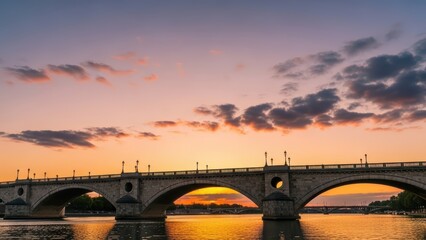 Sunset over historic stone bridge with dramatic clouds and reflections on the water