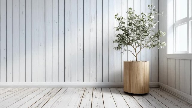 Minimalist empty white room with wooden walls floor and potted plant near window