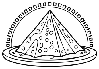 Black and white outline illustration of a triangular pizza slice with melted cheese on a plate