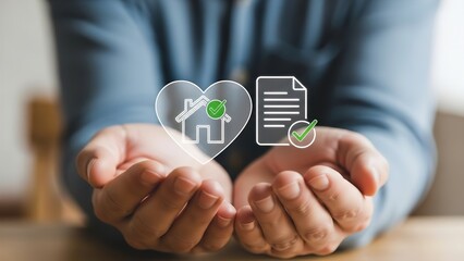 Person's hands holding holographic icons representing home insurance, property protection, and approved legal documents for secure living.