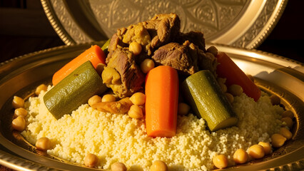 Delicious traditional couscous with meat and vegetables on gold plate