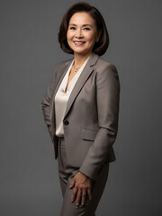Elegant mature businesswoman exuding confidence and professionalism in a stylish gray suit, perfect for corporate and leadership themes.