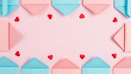 Pastel envelopes and red hearts on pink background