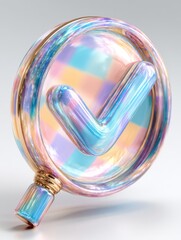Abstract 3D Render of a Rainbow Glass Magnifier.Colorful 3D render of a glass magnifying glass with an iridescent rainbow gradient and check mark symbol