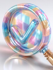 Abstract 3D Render of a Rainbow Glass Magnifier.Colorful 3D render of a glass magnifying glass with an iridescent rainbow gradient and check mark symbol
