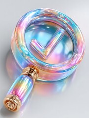 Abstract 3D Render of a Rainbow Glass Magnifier.Colorful 3D render of a glass magnifying glass with an iridescent rainbow gradient and check mark symbol
